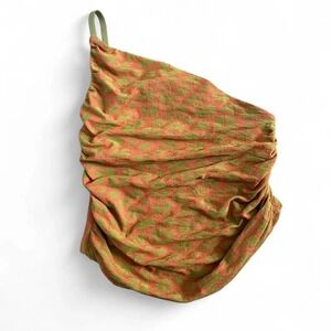 Zara One Shoulder Floral Ruched Asymmetric Top Orange and Green Jacquard Size S